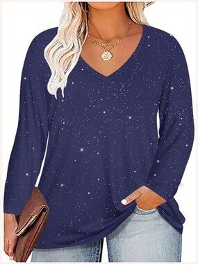Plus Size Long Sleeve Glitter V-Neck Tunic Top Casual Pullover Shirt